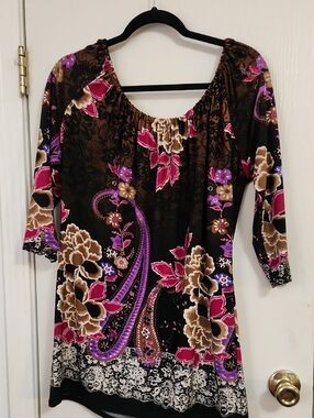 Black Floral Peasant Top with Pink & Purple Accents